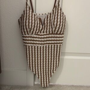 Brown and White Striped One Piece Swimsuit (Never been worn)